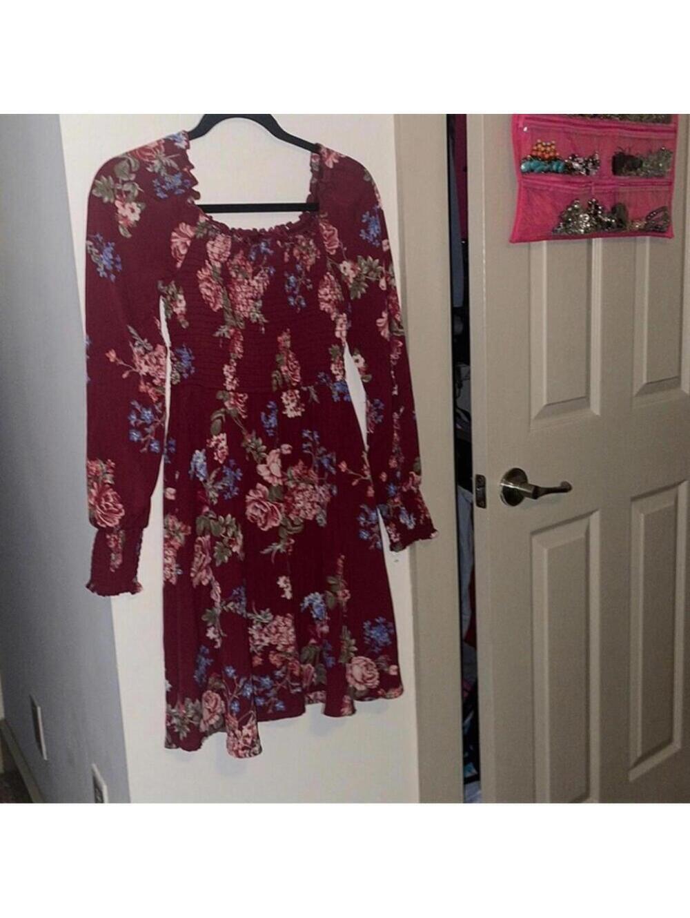 Xhiliration Red Floral Boho Fall Smocked Dress Preppy Dark Academia POCKETS